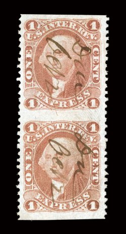 R1b, 1c Express, part perforated, vertical pair, incredibly well centered amid extravagantly large margins, deep rich color, neat manuscript cancels, faint trace of a
horizontal crease at top left, otherwise extremely fine and handsome 2005 PF