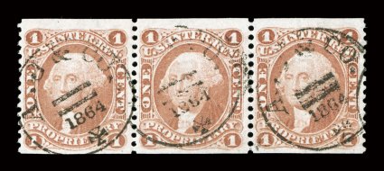 R3b, 1c Proprietary, part perforate, horizontal strip of three, well centered, bright fresh color, light 1864 handstamped cancels, very fine and handsome.