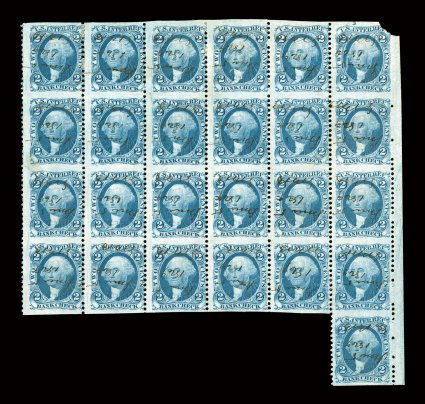 R5b, 2c Bank Check, part perforate, block of 25 (6x4 plus one), with sheet selvage at right, bright and fresh, light 1869 ms. cancels, top right corner defective, faint
horizontal crease in bottom row, fine appearance only one larger multiple e