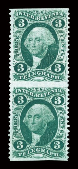 R19b, 3c Telegraph, part perforate, vertical pair, unused, extraordinarily well centered within large margins, especially deep shade and a crisp impression on bright paper,
extremely fine the finest certified example of this scarce part perfora