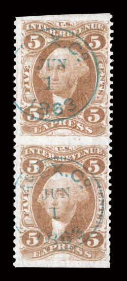 R25b, 5c Express, part perforate, vertical pair, well centered within unusually large margins, bright color, each stamp with neat central strike of Ac. EX. Co.Jun1 1863 blue
circular express company handstamp cancel, very fine and exceed