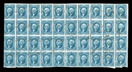R36b, 10c Inland Exchange, part perforate, block of 40 (10x4) reconstructed from a block of twenty, a block of twelve and two strips of four, lovely fresh color, 1863 ms.
cancels, light horizontal crease mostly between the last two rows, fine o