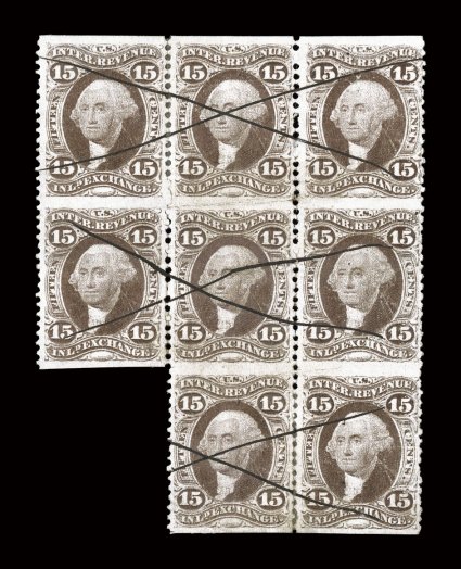 R40b, 15c Inland Exchange, part perforate, irregular block of eight, rich color, some perf. reinforcements, fine-very fine among the largest known multiples
ex-Joyce.