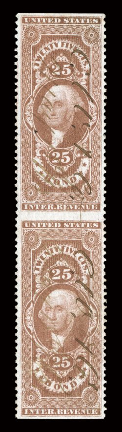 R43b, 25c Bond, part perforate, vertical pair, an extraordinary quality pair, flawlessly centered within large margins, strong rich color on fresh paper, neat manuscript
cancels, extremely fine almost impossible to find both in this exceptional