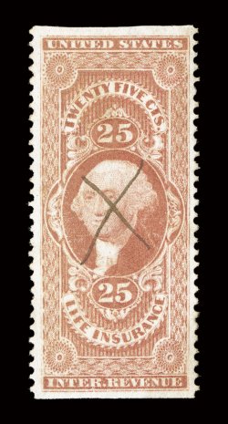 R47b, 25c Life Insurance, part perforated, choice quality single, well centered, fresh color, small ms. X cancel, extremely fine a very scarce stamp in this select
condition.