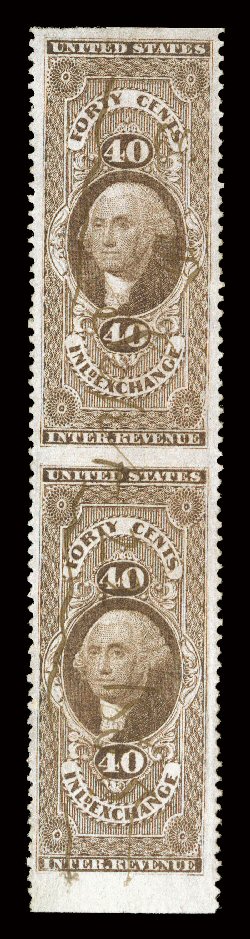R53b, 40c Inland Exchange, part perforate, an incomparable quality vertical pair, being in a condition that is almost impossible to find on any of the part perforate issues,
boasting outstanding centering amid huge margins (including a partial s