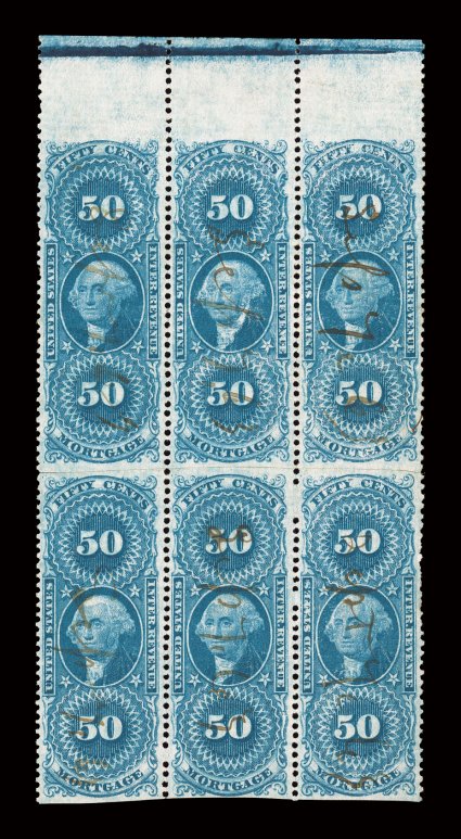 R59b, 50c Mortgage, part perforate, top sheet-margin block of six made from two rejoined strips of three, fresh color, well centered, light 1863 ms. cancels, a few short
perfs., very fine.
