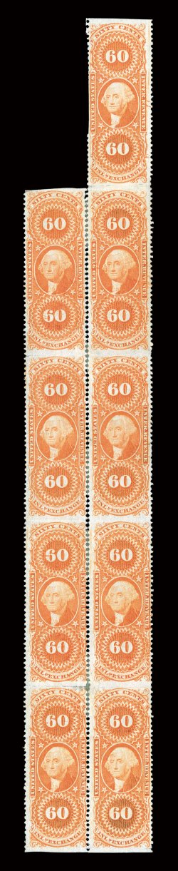 R64b, 60c Inland Exchange, part perforate, unused block of nine (2x4, plus extra stamp at top), rich bright color, rejoined perfs. between the two columns, horizontal creases
between the stamps that cause paper splitting in some places, top stam