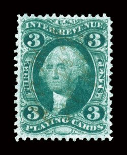 R17c, 3c Playing Cards, select quality used example, incredibly well centered for this difficult stamp, with large margins all around, deep luxuriant color, very light and
unobtrusive manuscript cancel, extremely fine and especially scarce thus