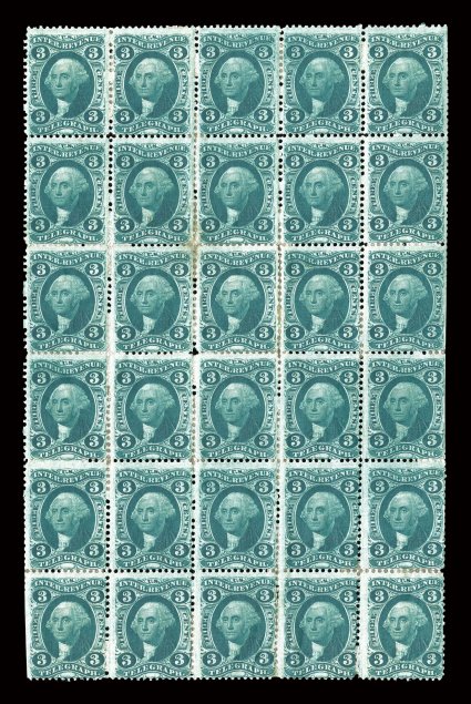 R18c, 3c Proprietary, mint block of thirty (5x6), deeply rich color, o.g., few light gum bends, several hinge reinforcements, fine.