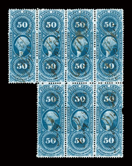 R62c, 50c Probate of Will, block of seven, especially deep color, well centered, light ms. cancels, bottom right stamp with faults, otherwise very fine the largest known
multiple of this stamp and the only block larger than four.
