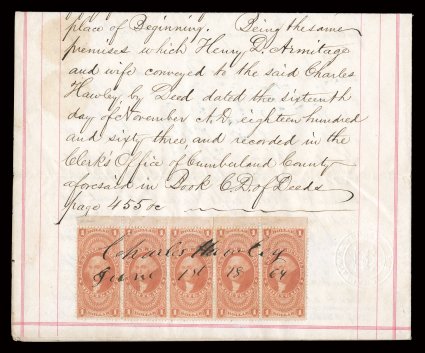 R73c, $1.00 Mortgage, top sheet-margin horizontal strip of five on 1864 deed from Vineland, New Jersey, rich color, ms. cancel, small tear in the selvage only, the stamps are
fresh and fine this is the largest multiple of this stamp and the o