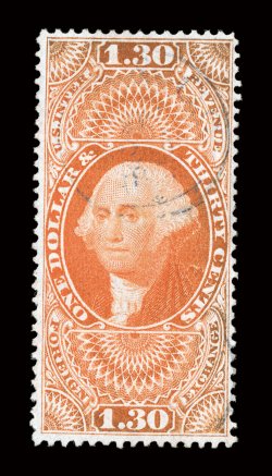 R77c, $1.30 Foreign Exchange, choice used example, attractively centered, deep vibrant color, light strike of a circular handstamp cancel, very fine actually quite scarce to
find in premium condition 2005 PF certificate.