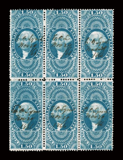 R78c, $1.50 Inland Exchange, block of six (3x2), strong rich color, 1866 ms. cancels, faint horizontal bend in top stamps, a few minor perf. reinforcements, fine the largest
recorded multiple of this stamp, being one of only two blocks of six