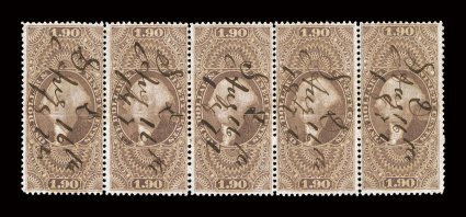 R80c, $1.90 Foreign Exchange, horizontal strip of five, strong color, 1872 ms. cancel, paper just slightly toned, horizontal crease, fine-very fine appearance the only
recorded strip of five with just one larger multiple known.
