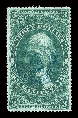 R86c, $3.00 Manifest, used, exceptionally well centered within large margins, gorgeous intense color and a deeply etched impression, lovely central strike of a blue double
circle handstamp cancel dated September 26, 1867, extremely fine a t