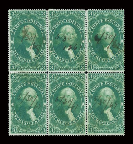 R86c, $3.00 Manifest, block of six (3x2), deep intense color and impression, 1867 ms. cancels, a few faint translucent stains, otherwise fine-very fine this is the only known
block of six, with just one larger multiple recorded.