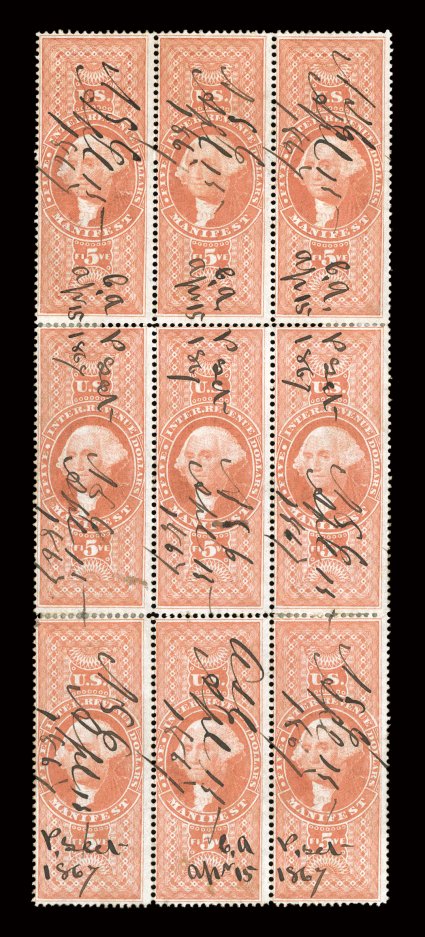 R90c, $5.00 Manifest, block of nine (3x3), strong rich color, 1867 ms. cancels, some perf. reinforcements, fine only one larger multiple is known (block of ten) ex-Judge
Fay.