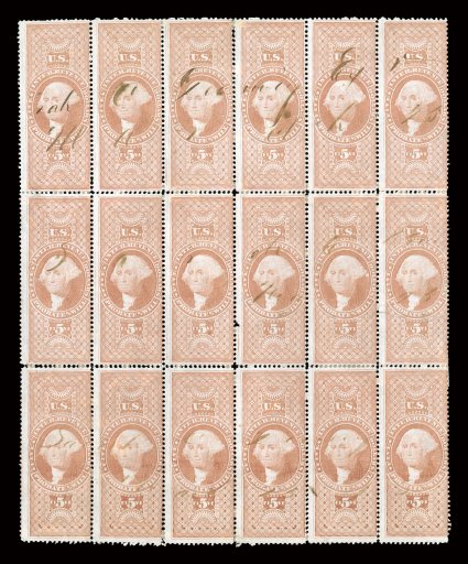 R92c, $5.00 Probate of Will, block of eighteen (6x3), fresh color, light ms. cancel, horizontal crease through the bottom stamps, position ten with a small internal tear, some
perf. reinforcements, fine only one larger multiple exists (a rejoin