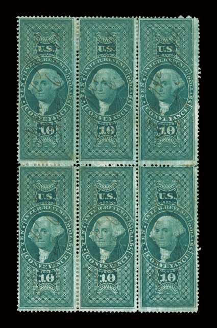 R94c, $10.00 Conveyance, block of six (3x2), deep rich color, light 1864 ms. cancels, some reinforced perfs., light staining mostly on the back, right pair with minor
creasing, fine appearance the largest recorded multiple of this stamp.