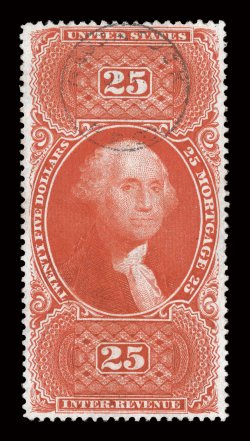 R100c, $25.00 Mortgage, a lovely used example of this scarce stamp, being exceptionally well centered and margined, deep rich color and impression, light strike of Naugatuck
railroad circular handstamp at top, extremely fine gem 2003 PF cer