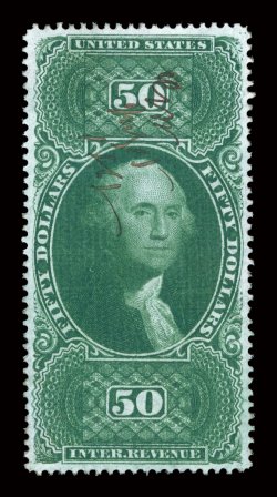 R101c, $50.00 U.S.I.R., used, flawlessly centered amid uncharacteristically large margins, strikingly intense color and a razor-sharp impression on wonderfully bright paper,
very light and neat manuscript cancel, extremely fine a fabulous quali