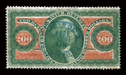 R102c, $200.00 Internal Revenue, attractive colors, cancelled by a blue 1869 handstamp of the Cleveland, Columbus, Cincinnati & Indianapolis railroad, fine
ex-Shellabear.