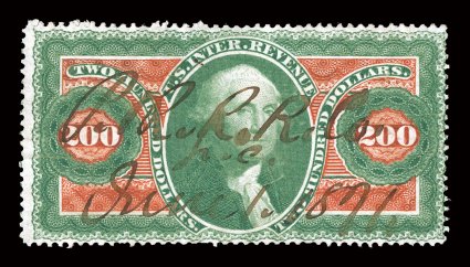 R102c, $200.00 Internal Revenue, bright color, Philadelphia & Reading railroad cancel, trivial wrinkles, fine ex-Shellabear.