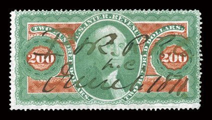 R102c, $200.00 Internal Revenue, fresh colors, cancelled by Philadelphia & Reading railroad ms. cancel (Tolman type P-6H), minor wrinkling, otherwise fine this was the
discovery copy of this particular railroad cancel.