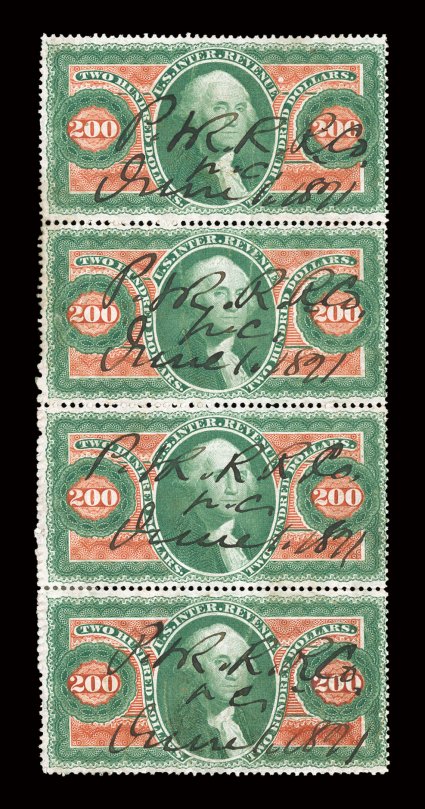 R102c, $200.00 Internal Revenue, seldom seen vertical strip of four, with 1871 Philadelphia & Reading railroad cancels, as well as a light embossed cancel, a few small faults,
fine appearance ex-Shellabear.