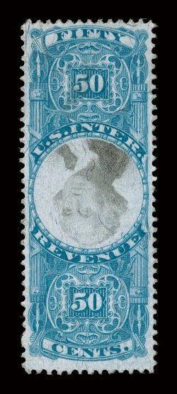 R115b, 50c Blue and black, Inverted Center, well centered, bright fresh colors, faint ms. cancel, light horizontal crease at top, otherwise very fine.