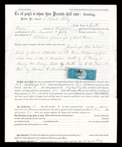 R115b, 50c Blue and black, Inverted Center, single with strong rich color on 1871 mortgage deed from Hartford, Conn., cancelled by light ms., small edge perf. toning on stamp,
fine any inverted center on document is a rarity.