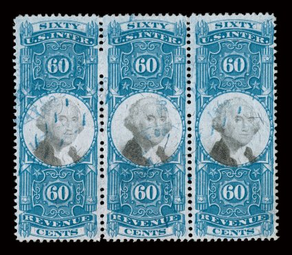 R116 var., 60c Blue and black, foreign entry of the 70c design, the variety being the middle stamp in a strip of three, exceedingly bright and fresh, light herringbone cancel
that does not break the paper, very fine especially desirable to find