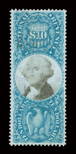 R128, $10.00 Blue and black, select used example, incredibly well centered within large margins, deep rich colors, very small and unobtrusive manuscript cancel that is face
free, extremely fine gem 2004 PF certificate.