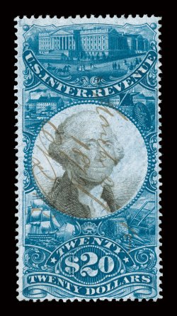 R129, $20.00 Blue and black, rich vibrant colors, nicely centered, light 1872 ms. cancel, nearly very fine.