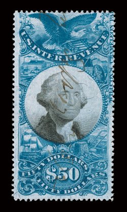 R131, $50.00 Blue and black, a most unusual used example which shows a nearly complete Wilcoxs Chameleon Pa(per) imprint in the right margin of the stamp towards the top, this
being the imprint of the paper company which produced the silk pap