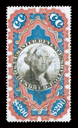 R132, $200.00 Red, blue and black, Small Persian Rug, well centered, wonderfully rich colors and crisp impressions, relatively light herringbone cut cancel as well as light
black oval handstamps, very fine.