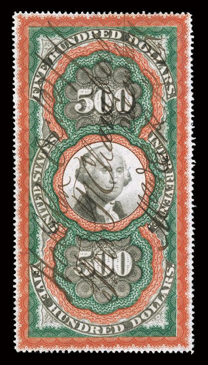 R133, $500.00 Red orange, green and black, Large Persian Rug, well centered, wonderfully bright and fresh, neat ms. railroad cancel, its only imperfection is a relatively
light horizontal crease at bottom (unlike most which have multiple fault