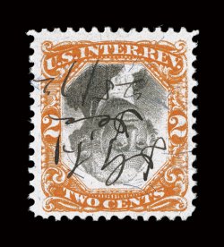 R135b, 2c Orange and black, Inverted Center, lovely example of this error, brilliant color, well centered and margined, 1872 ms. cancel, barest trace of a paper bend, very
fine.