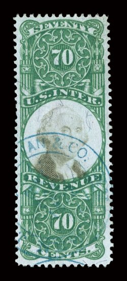 R143, 70c Green and black, used, exceptionally well centered within large margins, deep luxuriant colors on bright paper, lightly cancelled solely by a blue circular
handstamp, extremely fine a very pretty and choice stamp.