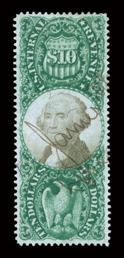R149, $10.00 Green and black, a highly select used example of this scarce value, being incredibly well centered within margins that are considerably larger than typically
encountered, intensely rich colors, small neat manuscript cancel, extremel