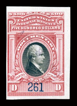R180, $500.00 Carmine lake and black, three large margins, rich color, uncommonly light violet straight-line handstamp cancel, barest trace of a thin speck,
fine.