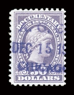 R223, $50.00 Violet, attractive color, violet handstamped cancel, a fine example of this elusive high value.