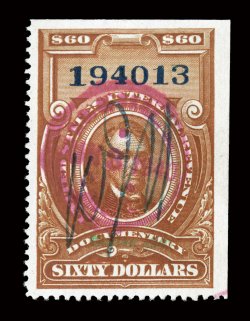 R283, $60.00 Brown, handstamped Series 1940 in green, well centered, strong rich color, three-hole cut cancel has been neatly filled in, plus ms. and violet handstamp cancels,
very fine appearance 1999 PSE certificate.