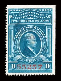 R285, $500.00 Blue, handstamped Series 1940 in violet, well centered, exceptionally fresh, typical cut cancel and a light handstamp, very fine.