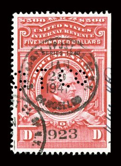 R309, $500.00 Carmine, Series 1940, excellent centering, brilliant color, perfin, ms. and c.d.s. handstamp cancels, very fine.