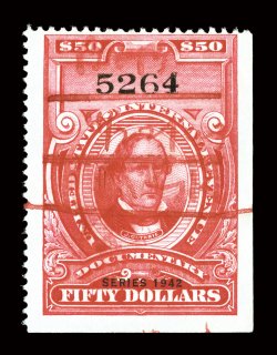 R356, $50.00 Carmine, Series 1942, deep vibrant color, red ms. cancel, fine.