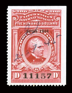 R409, $500.00 Carmine, Series 1944, well centered within large margins, strong rich color, cut cancels and 1945 ms. cancel, very fine one of the key stamps to completing the
Red Documentaries.