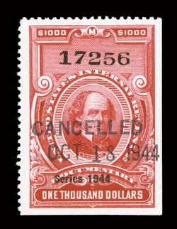 R410, $1,000.00 Carmine, Series 1944, exceedingly well centered, rich vibrant color, neat 1944 handstamp cancel, extremely fine and choice.