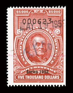 R618, $5,000.00 Carmine, Series 1952, deep color, vertical cut cancels, some of which have been hinge reinforced, also ms. and handstamp cancels, a fine example of this key
value.